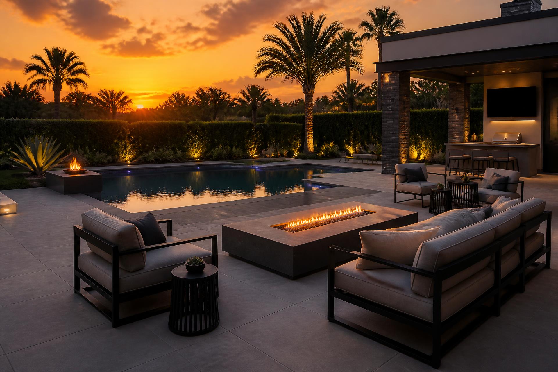 Modern luxury outdoor living space with pool, fire pit and outdoor kitchen at sunset